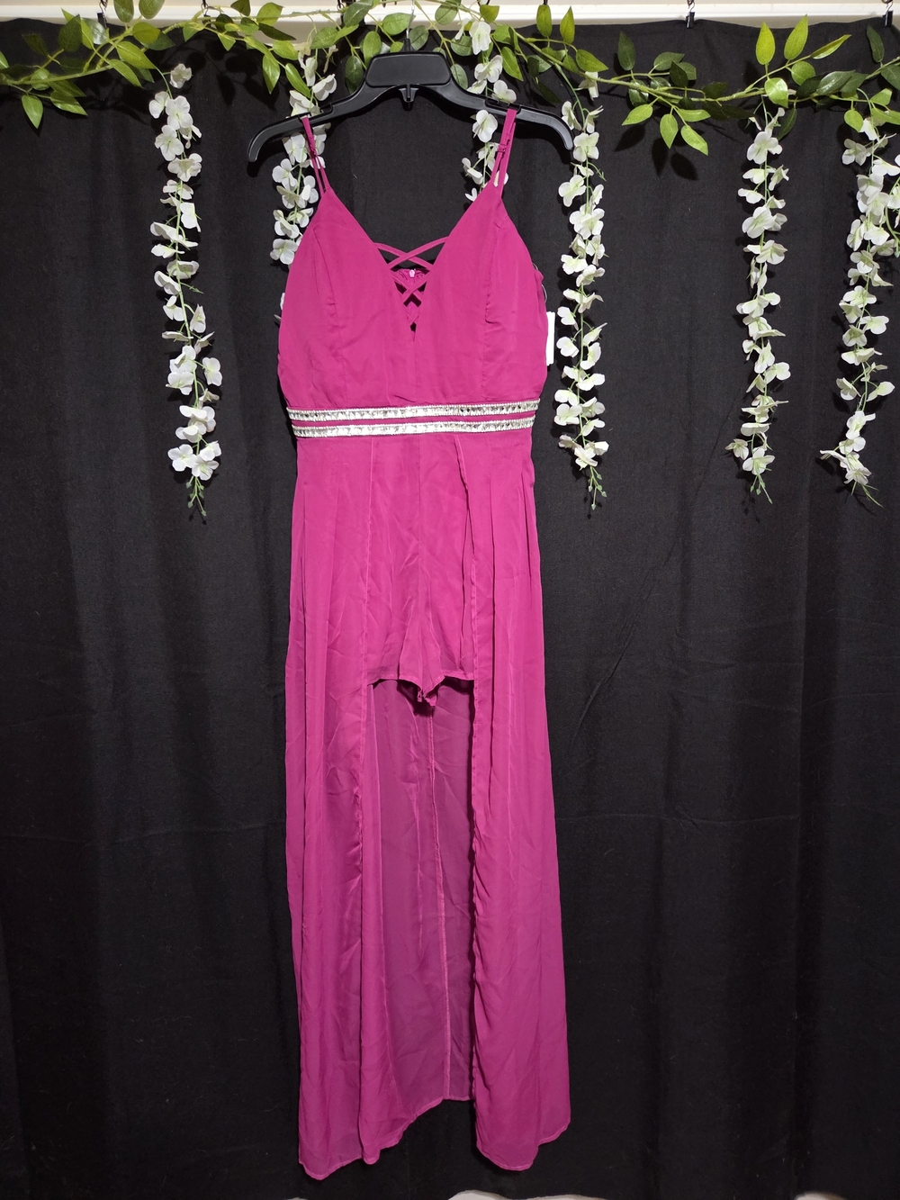 Fuchsia Strappy High-Low Romper Jumpsuit with Embellished Waist